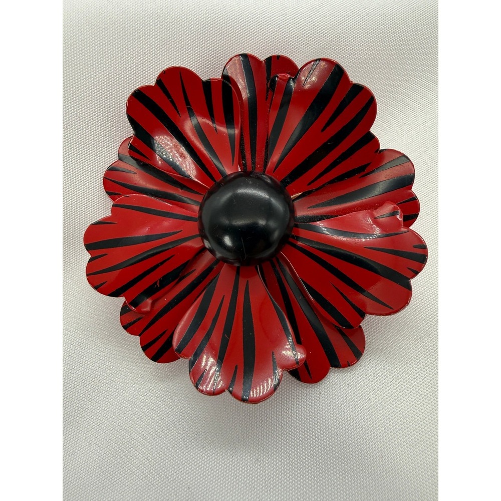 Vintage Red Black Striped Enamel Flower Brooch Pin Mid Century Modern Floral